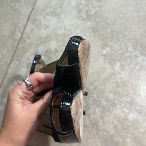 Jimmy Choo Black and Navy Patent and Nubuck Leather Peep Toe Mary Jane Pumps - Picture 15 of 16